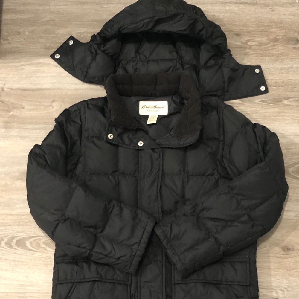 Eddie Bauer Black Hooded Thigh Length Puffer Coat